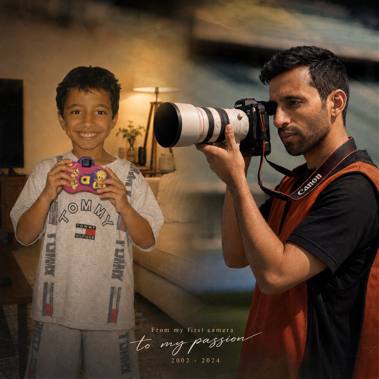حسين عيسى مع أول كاميرا عام 2002 وصورته كمصور عام 2024